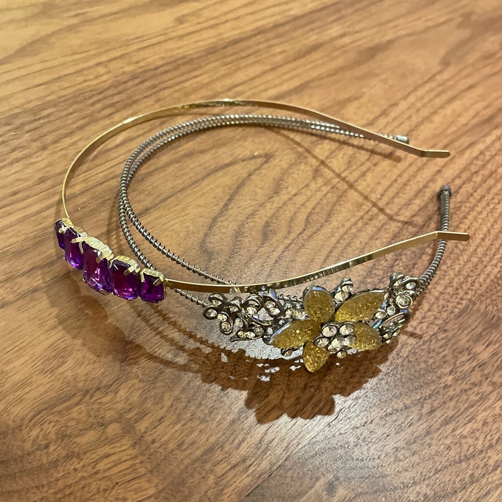 Two Fancy Rhinestone Headbands for Girls or Women, Gold and Purple